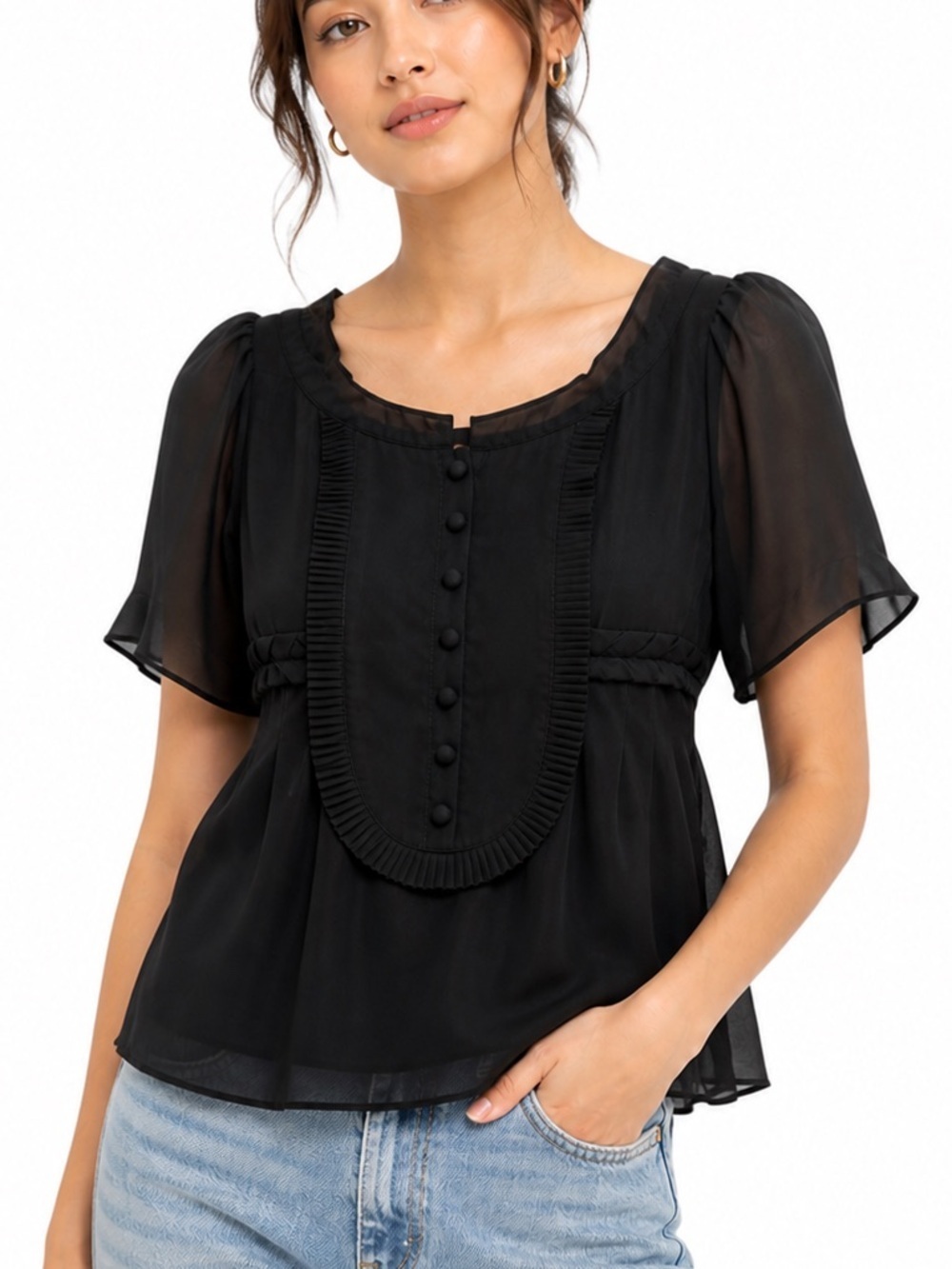 Vertigo Paris Black Flowy Polychiffron Blouse Classic Dark Whimsy Goth Mesh